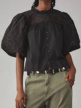 Maeve Anthropologie Black Lace Embroidered Puff Sleeve Button Front Blouse